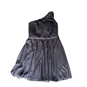 David's Bridal One Shoulder Lace Cocktail Formal Bridesmaid Dress LBD black 14